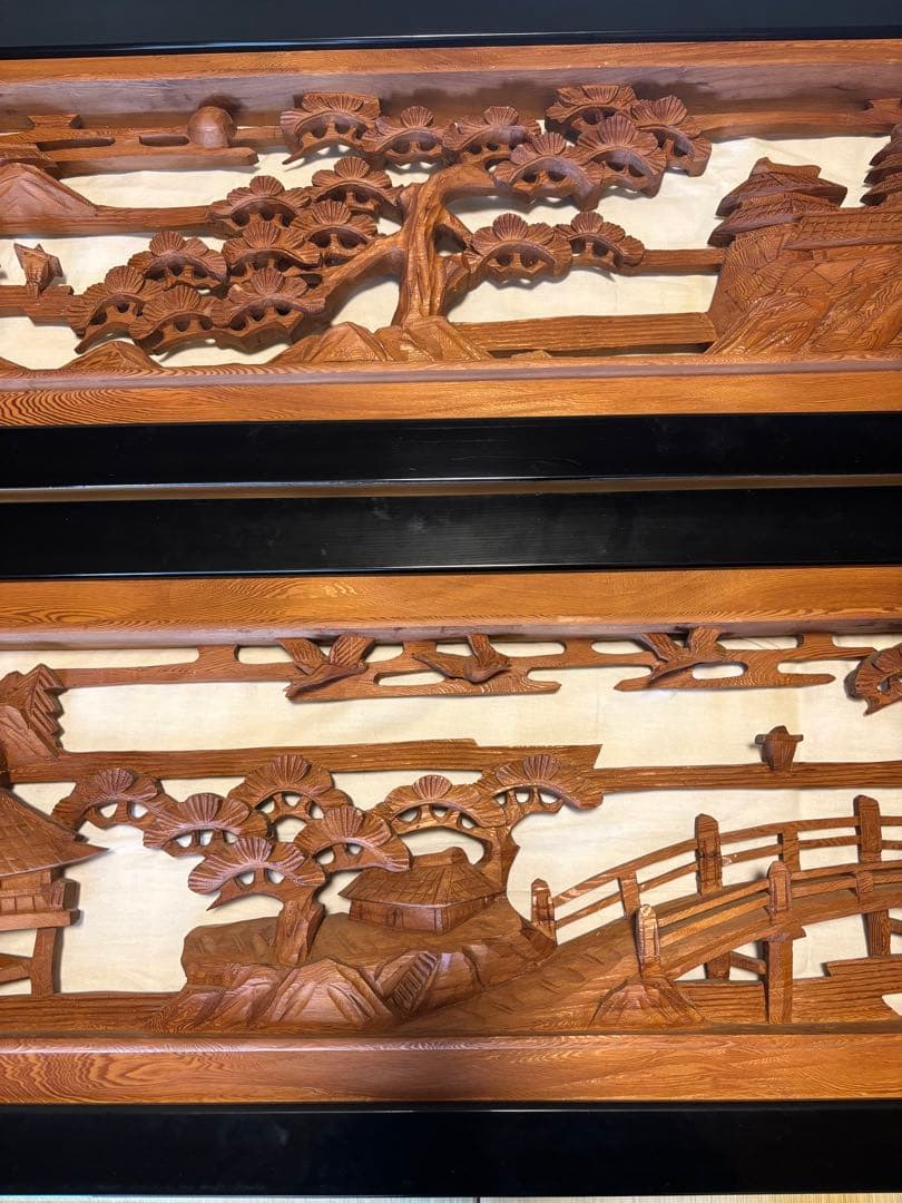 欄間　木製風景彫刻 2枚セット