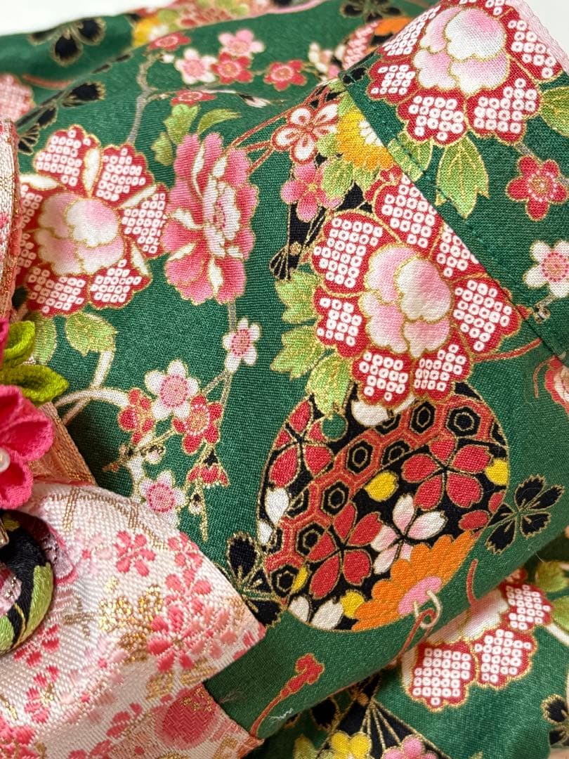 ★新作★完成品☆犬服☆つまみ細工帯飾り付き 犬用着物Sサイズ女の子 華 グリーン