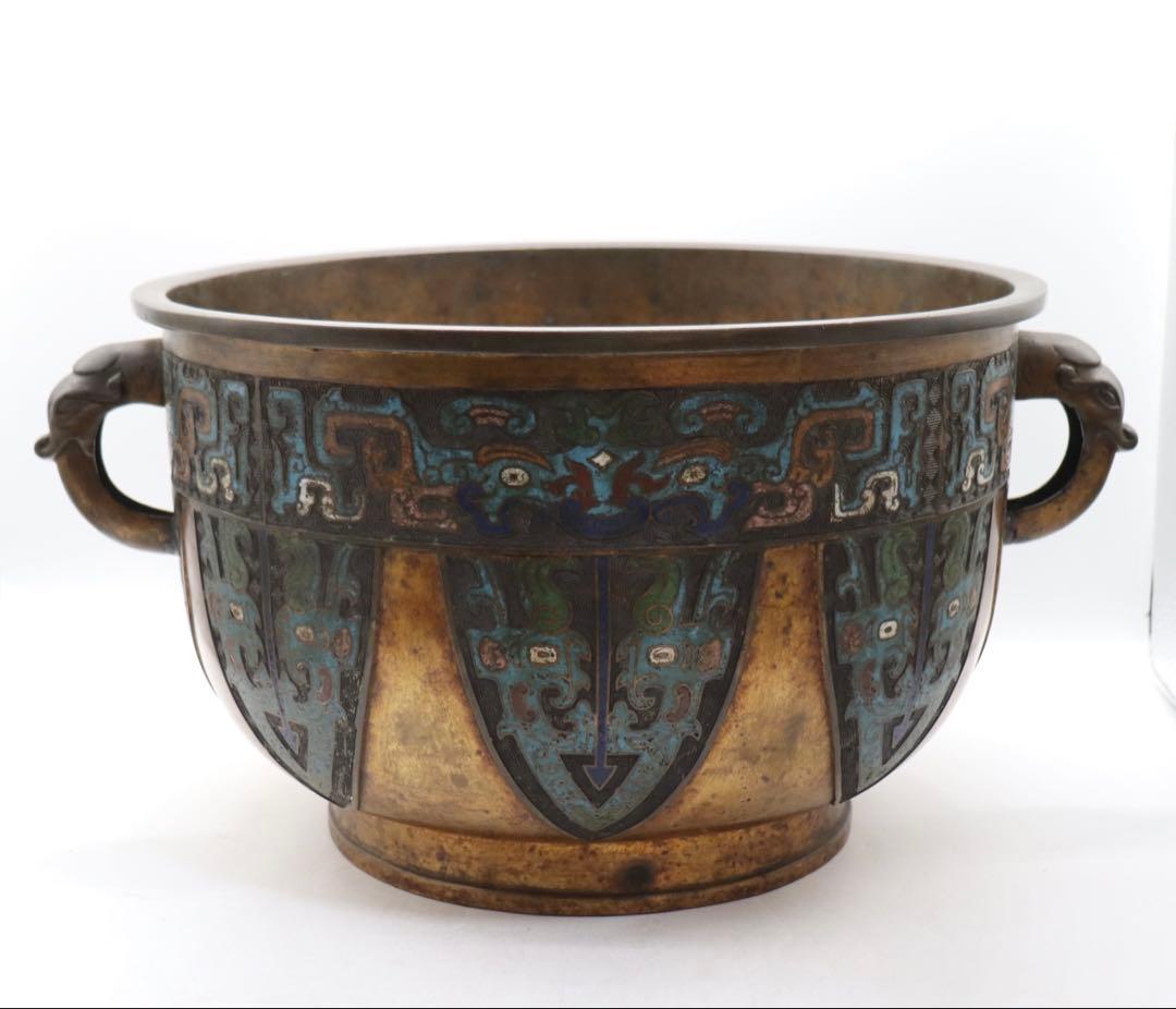 中国　七宝焼　渡金象耳葵龍紋簋　在銘　送料込み251217