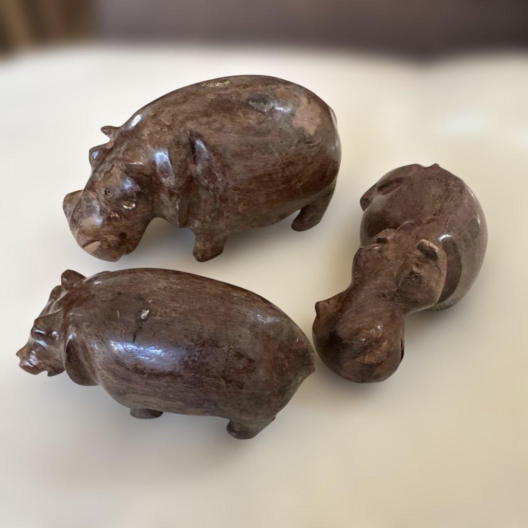 カバの石彫刻 3体セット