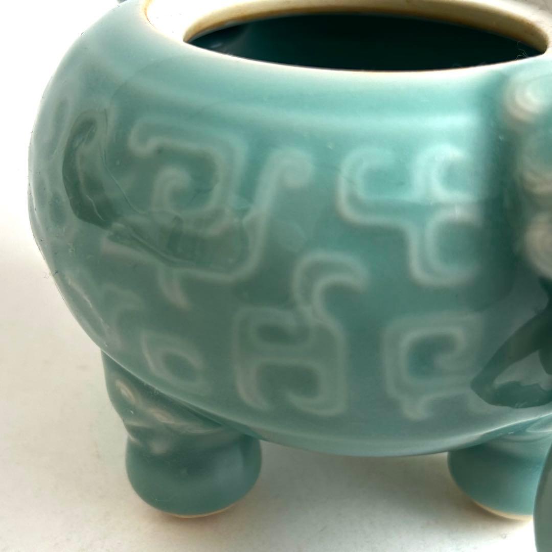 鍋島 小笠原長春 青磁 環付香炉 三足香炉 唐草模様 獅子 桐箱入り