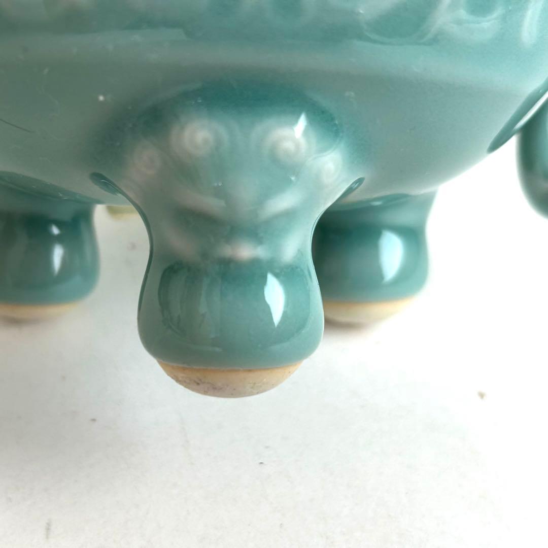 鍋島 小笠原長春 青磁 環付香炉 三足香炉 唐草模様 獅子 桐箱入り