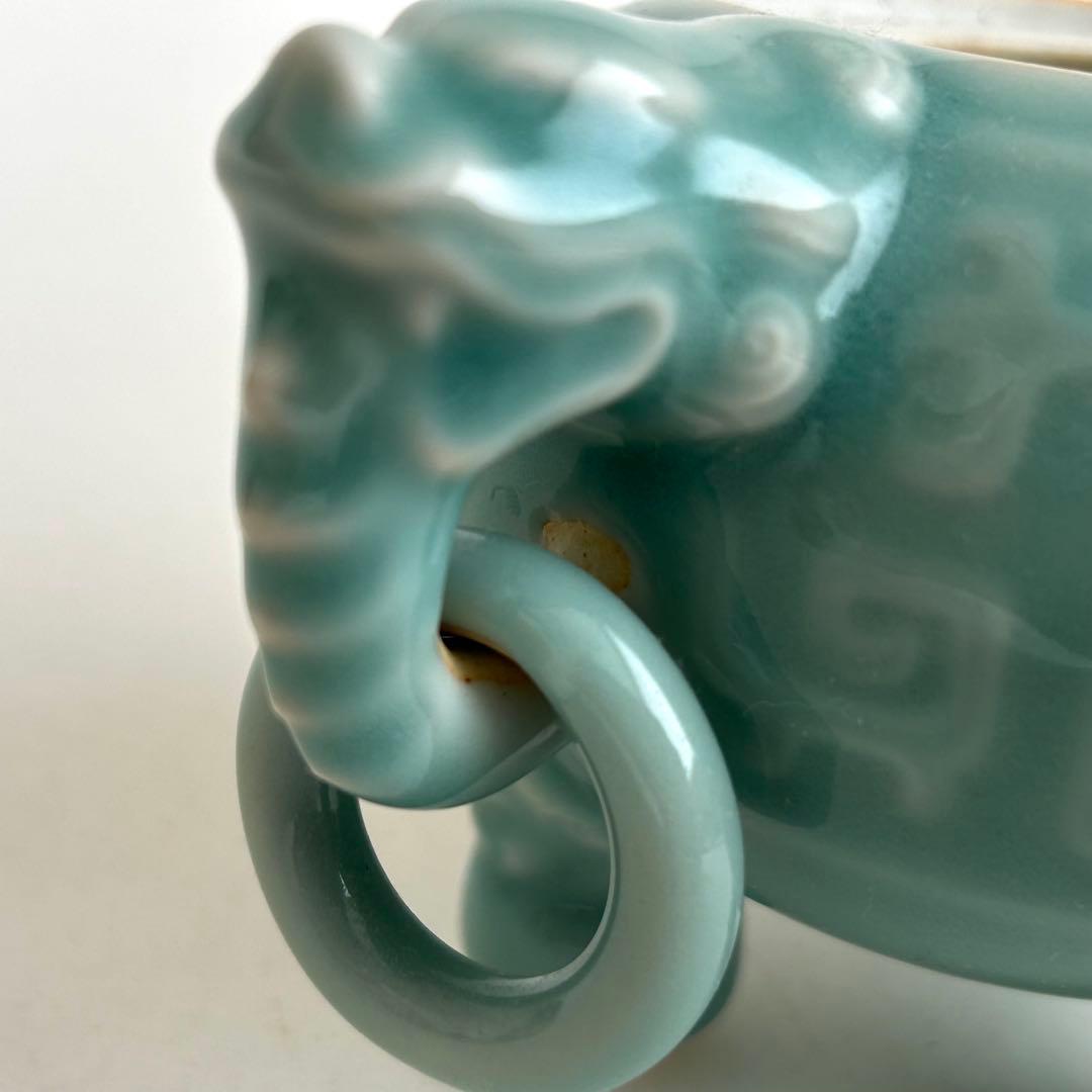 鍋島 小笠原長春 青磁 環付香炉 三足香炉 唐草模様 獅子 桐箱入り