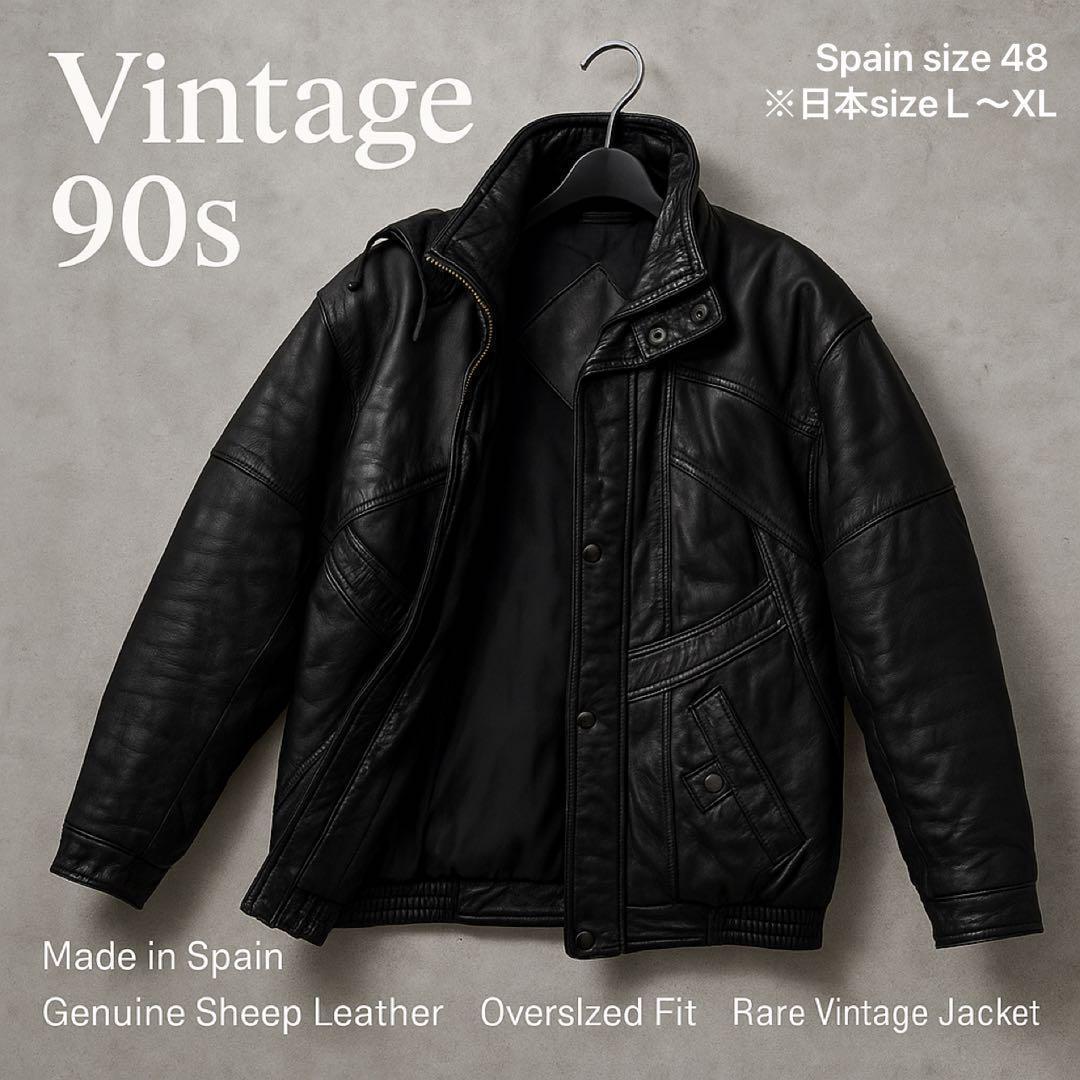激レア vintage 90s スペイン製 大きめ 古着 羊革　JK 黒　XL