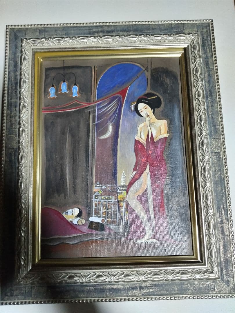 斎藤真一、絵画、油彩4F.蚊帳の月、肉筆、新品額縁、宮永岳彦、鴨居玲、山下清。