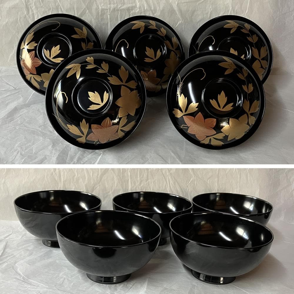 F1403 輪島塗 鉄仙蒔絵 吸物椀 五客 共箱 木製 漆器 懐石道具