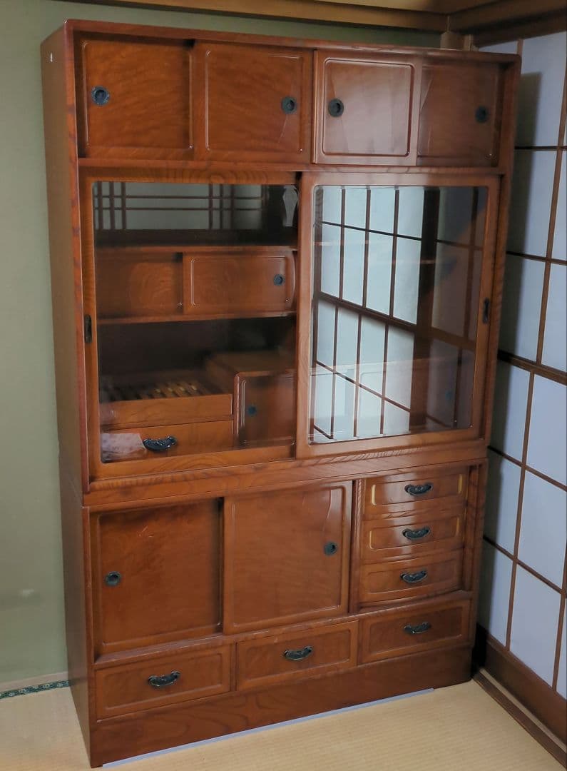 長期保管品 茶箪笥 木製 飾り棚ガラス戸 ビンテージ アンティーク 昭和レトロ
