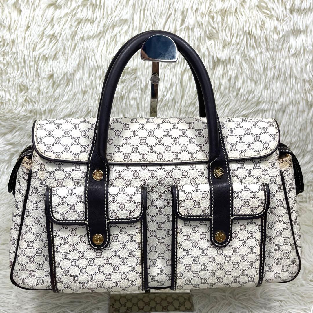 希少品‼️CELINE セリーヌ　ハンドバッグ　白マカダム柄　ロゴ金具　PVC