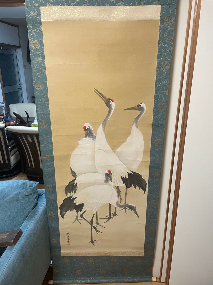 掛軸　松鶴延年図　絹本　手描き　美品　天然軸