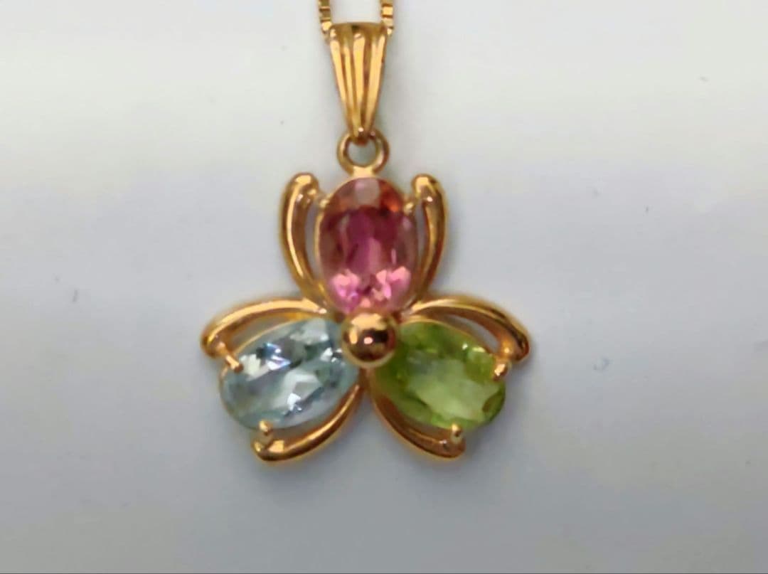 アクアマリン　ペリドット　ピンクスピルネル　　18金ネックレス