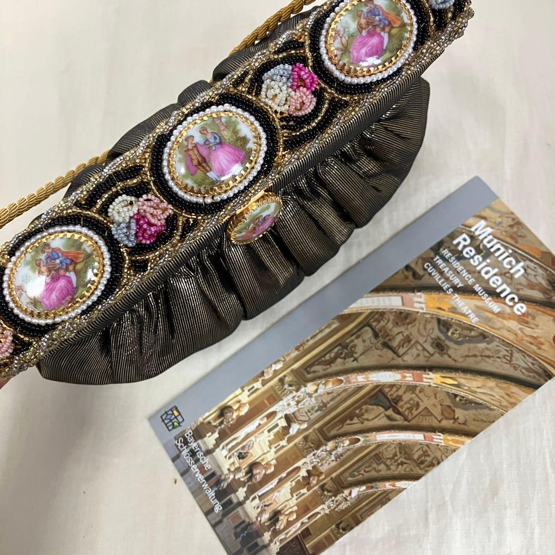 フランス　アンティークデザイン　パーティバッグ　シックゴールド＆陶器＆ビーズ