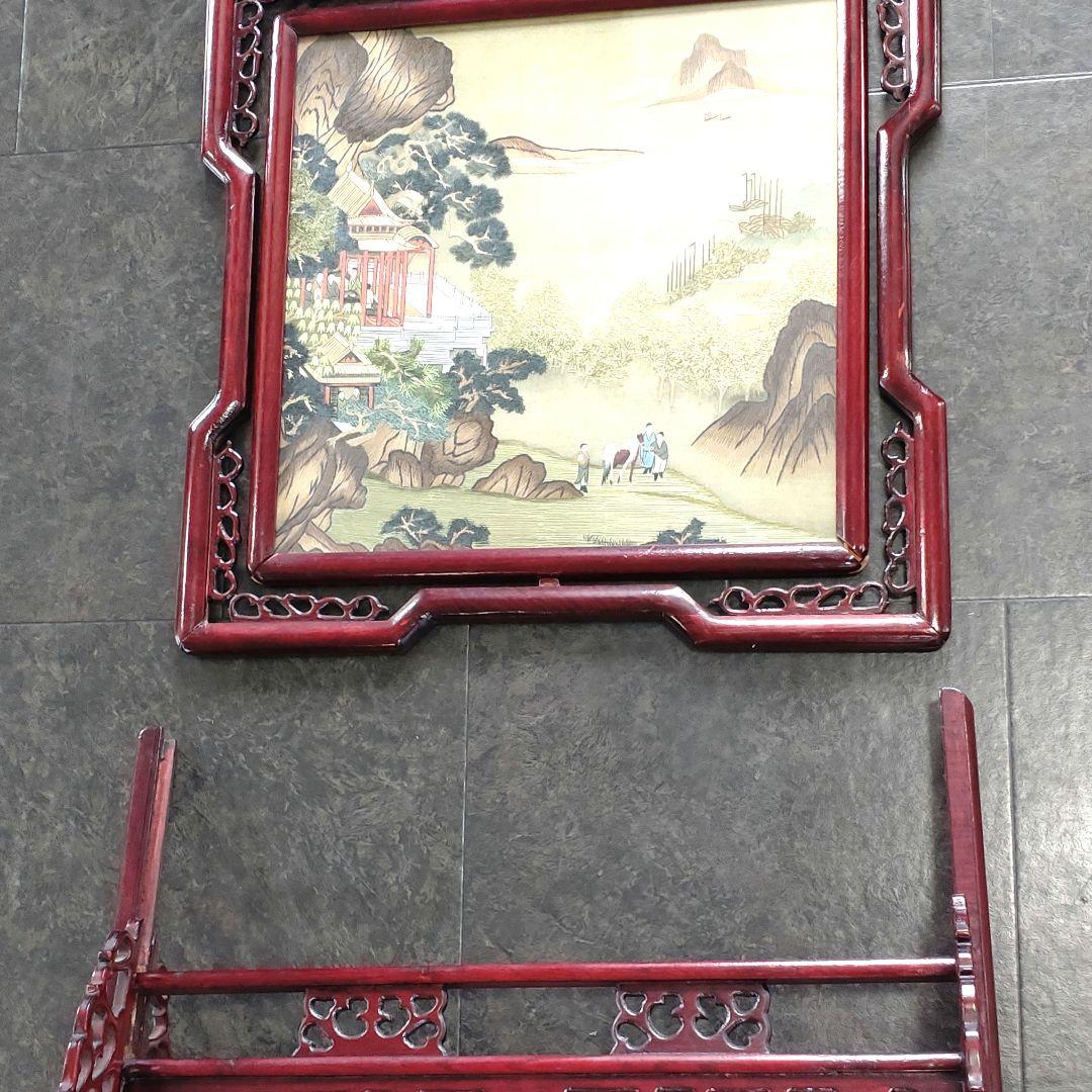 【希少　古代中国】刺繍　両面ガラス細工　唐木　古玩　骨董品　装飾品　山村海画