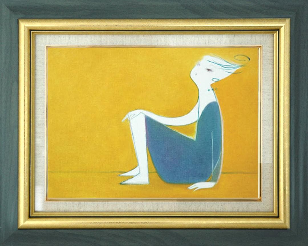 油絵 菅家令子 絵 絵画インテリア額付(青緑＋金色の枠) F4-071612女性