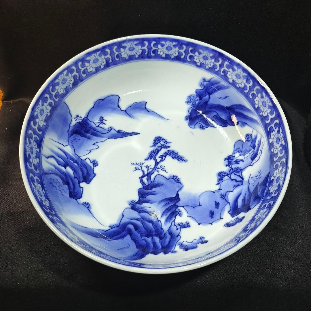 古伊万里 染付三つ鉢 山水風景文 手描き 明治骨董 古美術品 蒐集家放出美品