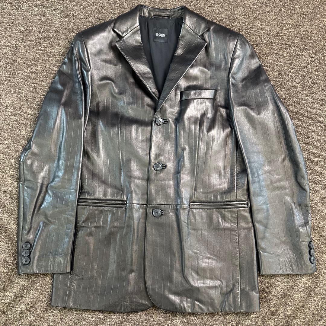 ヒューゴボス レザージャケット 羊革 ブラウン 光沢 48