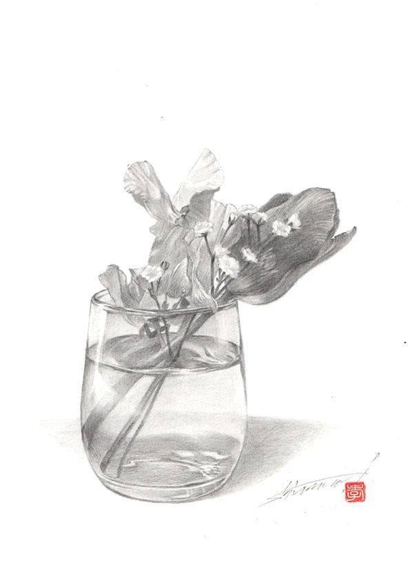 鉛筆アート「花とロックグラス」