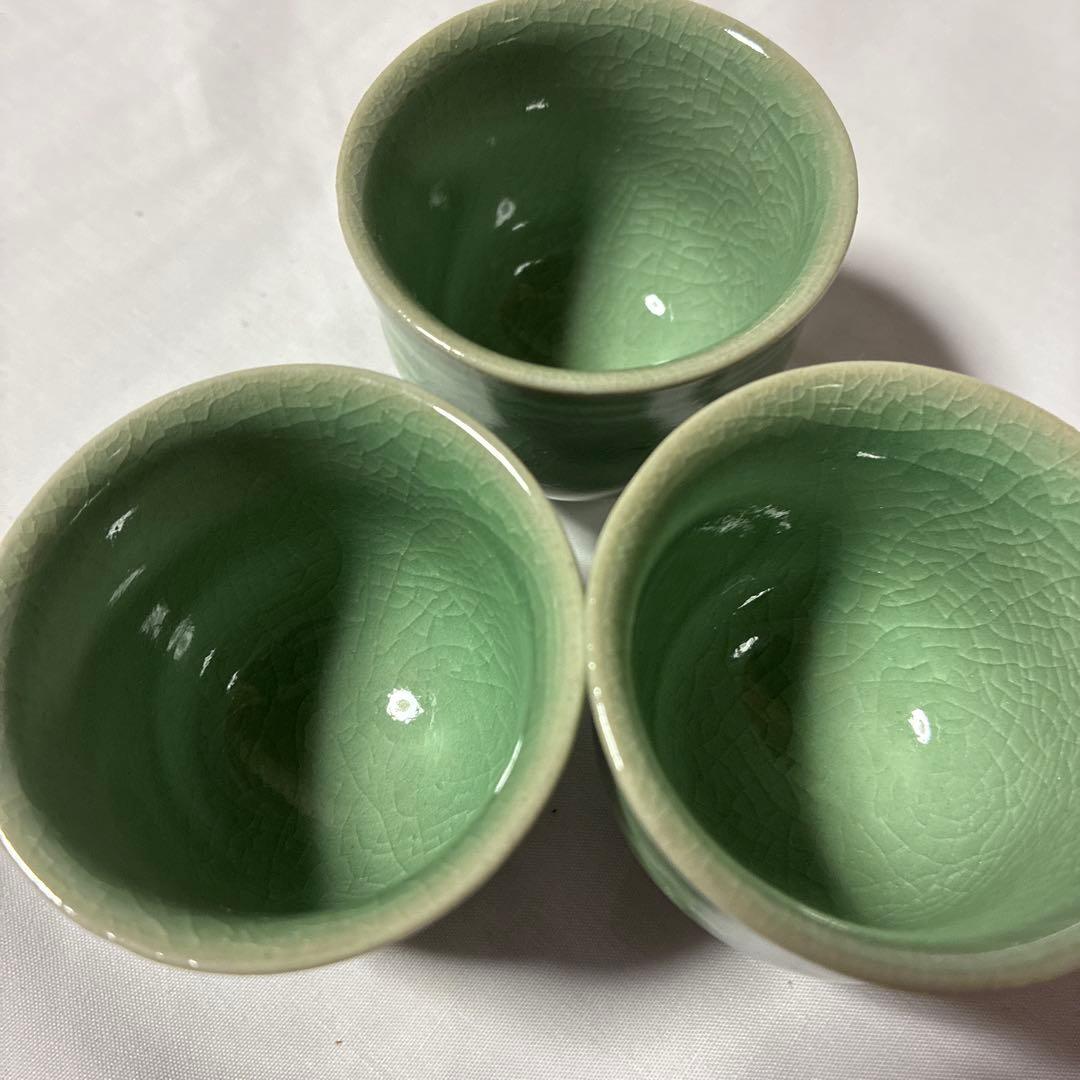 お猪口　高麗青磁 盃 3客 飛鶴文 貫入 韓国人間文化財 申相浩 器　和