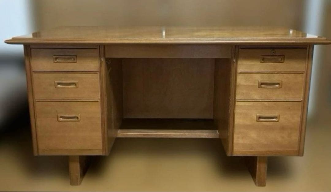 【昭和レトロ】木製 書斎机 両袖引き出し付き アンティーク デスク