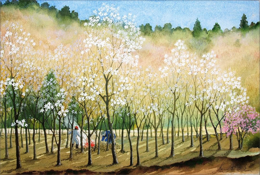 絵画「早春～ こぶしの咲くころ」　水彩画