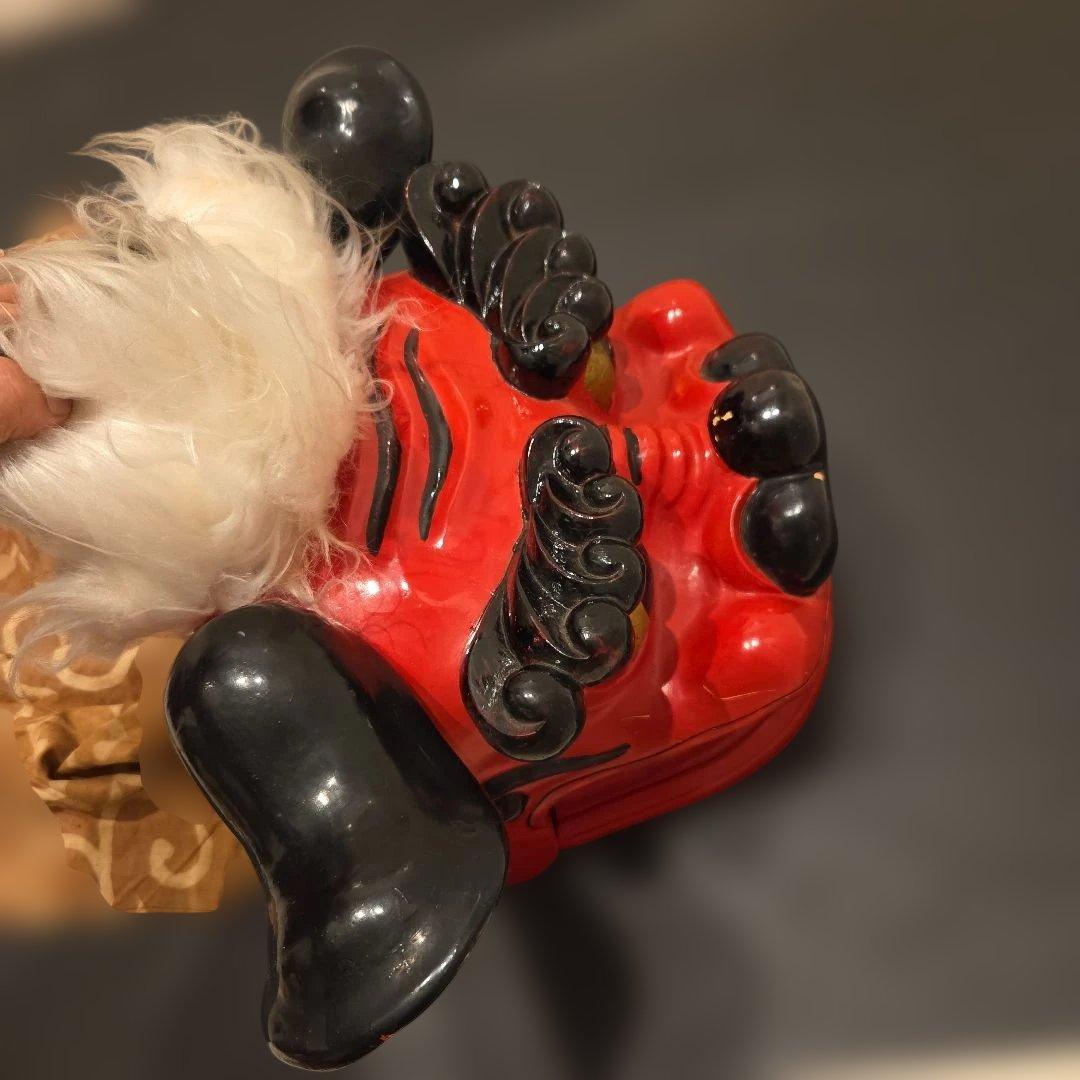 旧家蔵出 大振 獅子頭 雄 木彫 獅子舞い 彫刻 朱塗 漆塗