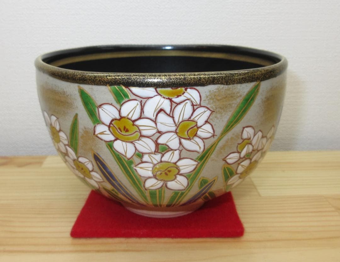 送料込【逢絢亭・新品】茶道具 茶碗 京焼 乾山写 水仙の図 壱休窯 共箱入り