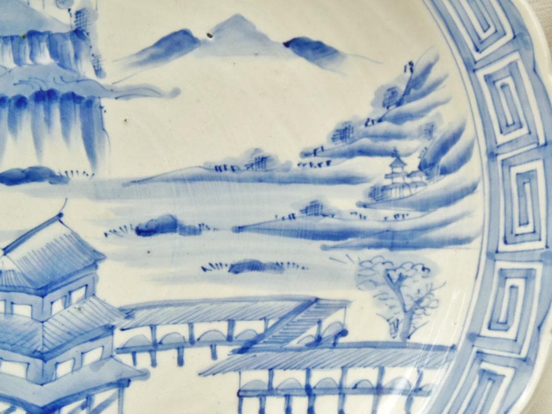 474mm 古伊万里 骨董品 風景画 陶器の皿 飾り皿 装飾皿 床飾り 伊万里焼