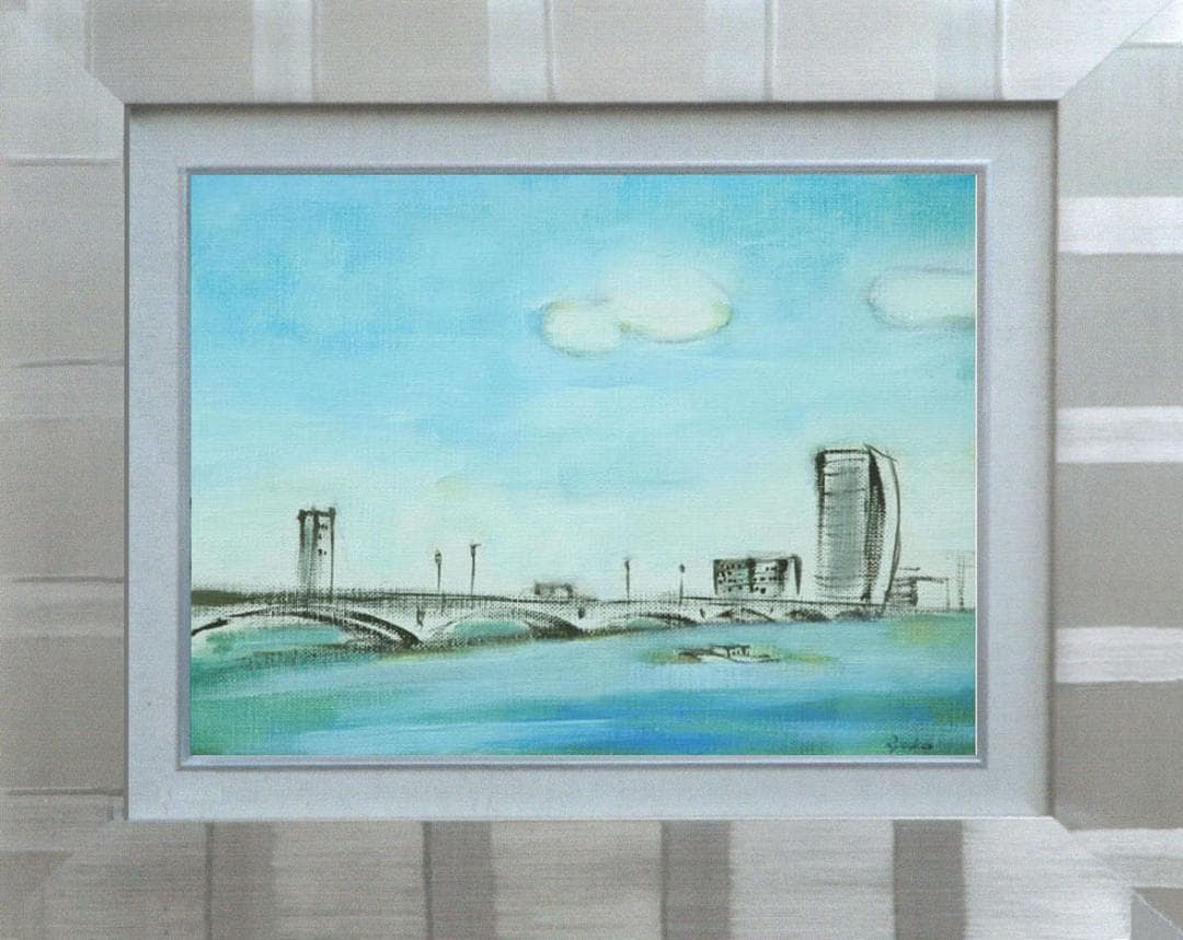油絵 菅家令子 絵 絵画インテリア額付(銀) F4-090114 風景万代橋新潟