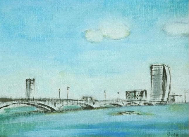 油絵 菅家令子 絵 絵画インテリア額付(銀) F4-090114 風景万代橋新潟
