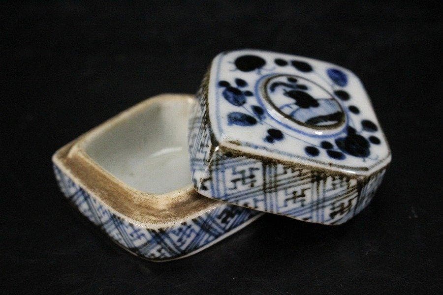 中国美術 青花 橋上人物紋 香合 蓋物 茶道具伝来