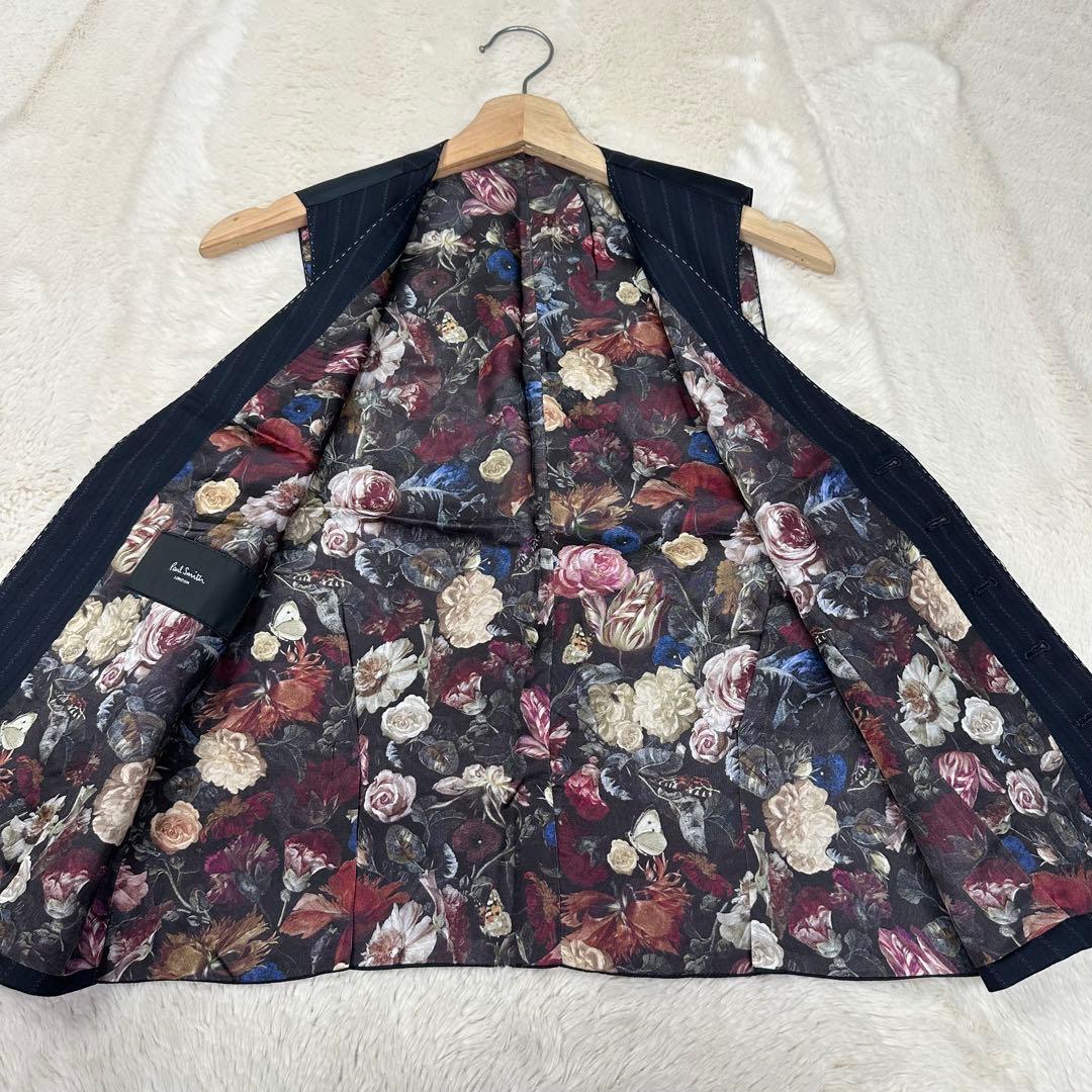 美品✨ポールスミスロンドン 花柄 裏地 シルク混 ストライプベスト ジレ 紺 M