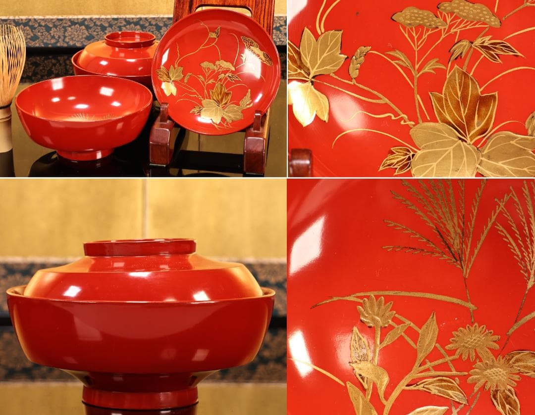 BK422　時代輪島塗　草花図金蒔絵　吸物椀　二客　木製　茶道具 懐石 菓子