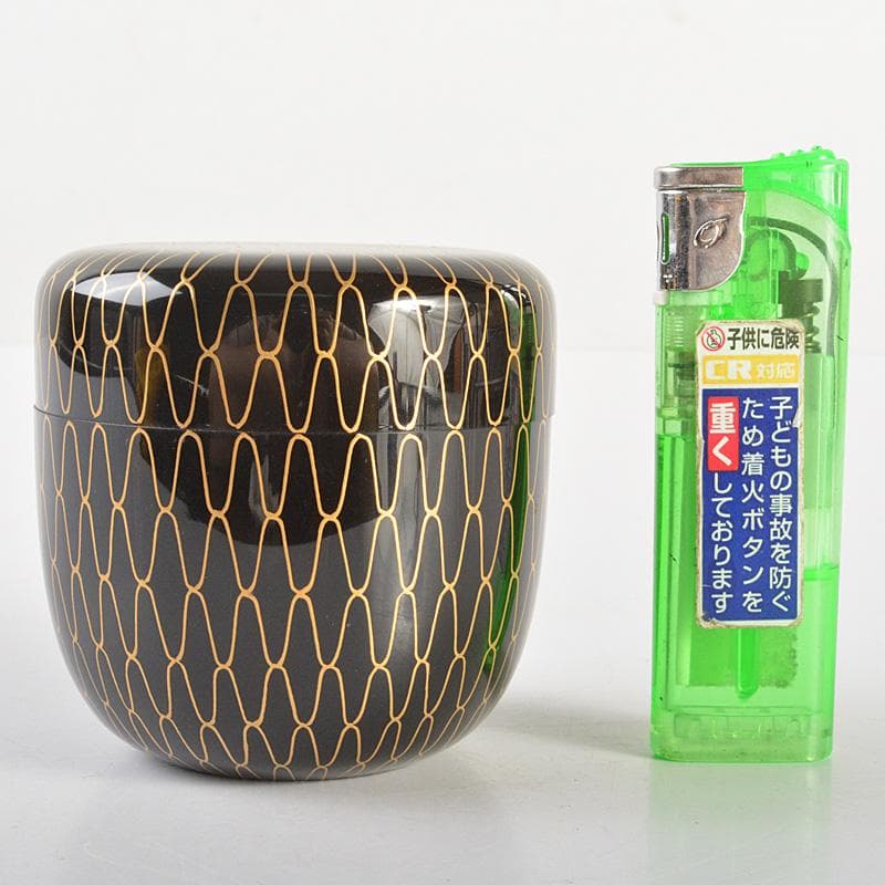 茶道具　山中塗　熊谷秀穂作　黒金網目蒔絵　中棗　共箱　V　R6783