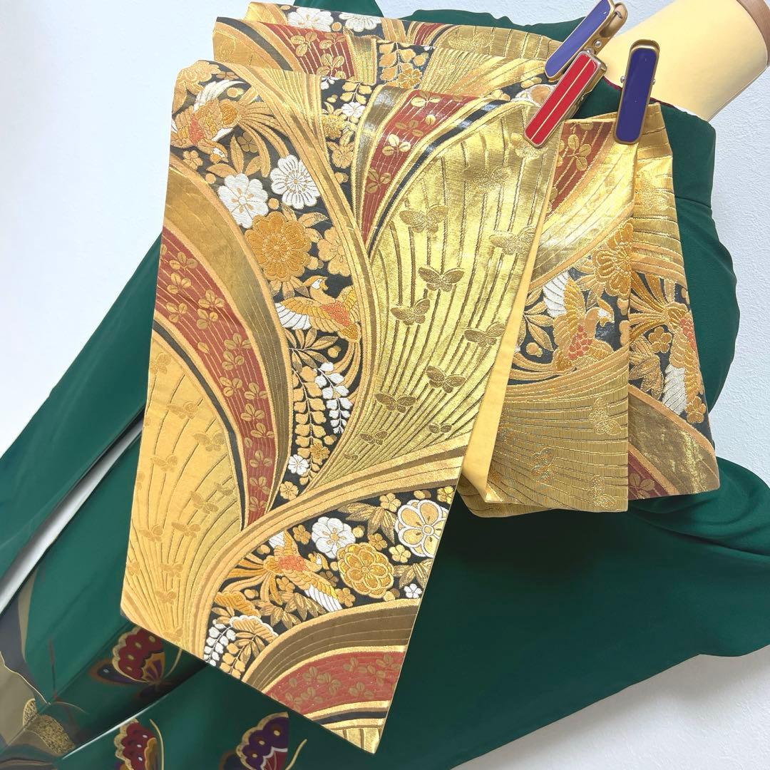 399 振袖フルセット 正絹 緑 グリーン 舞蝶 金彩 シンプル モダン ロング