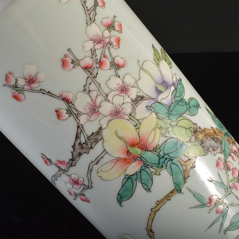 中国　致遠堂製　粉彩　花漢詩文　筒瓶　花瓶　V　R6768F