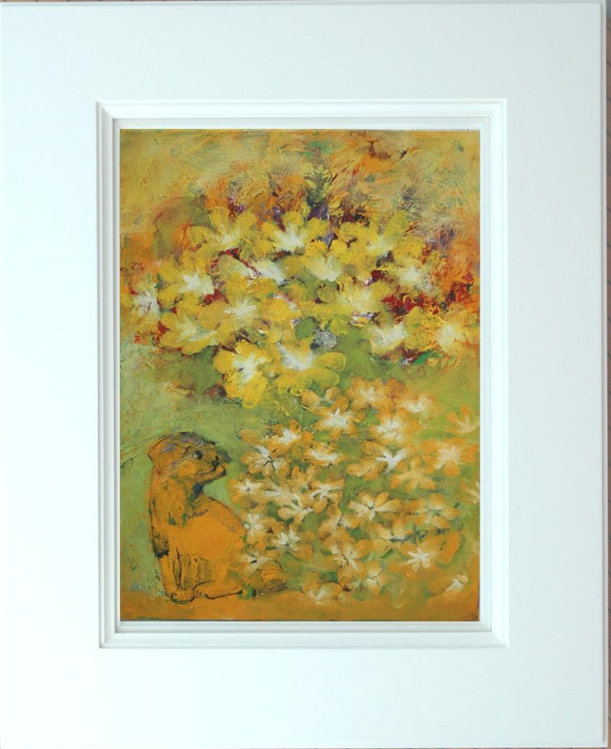 油絵 菅家令子 絵 絵画インテリア 額付(白) uF6-050220 可愛い子犬