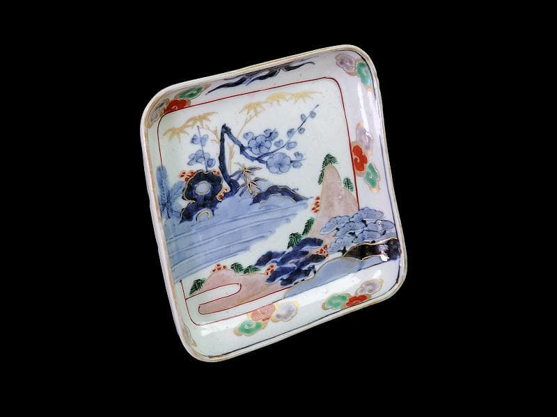 古伊万里　染錦　山水に松竹梅の図　角皿　F064AS-CQu