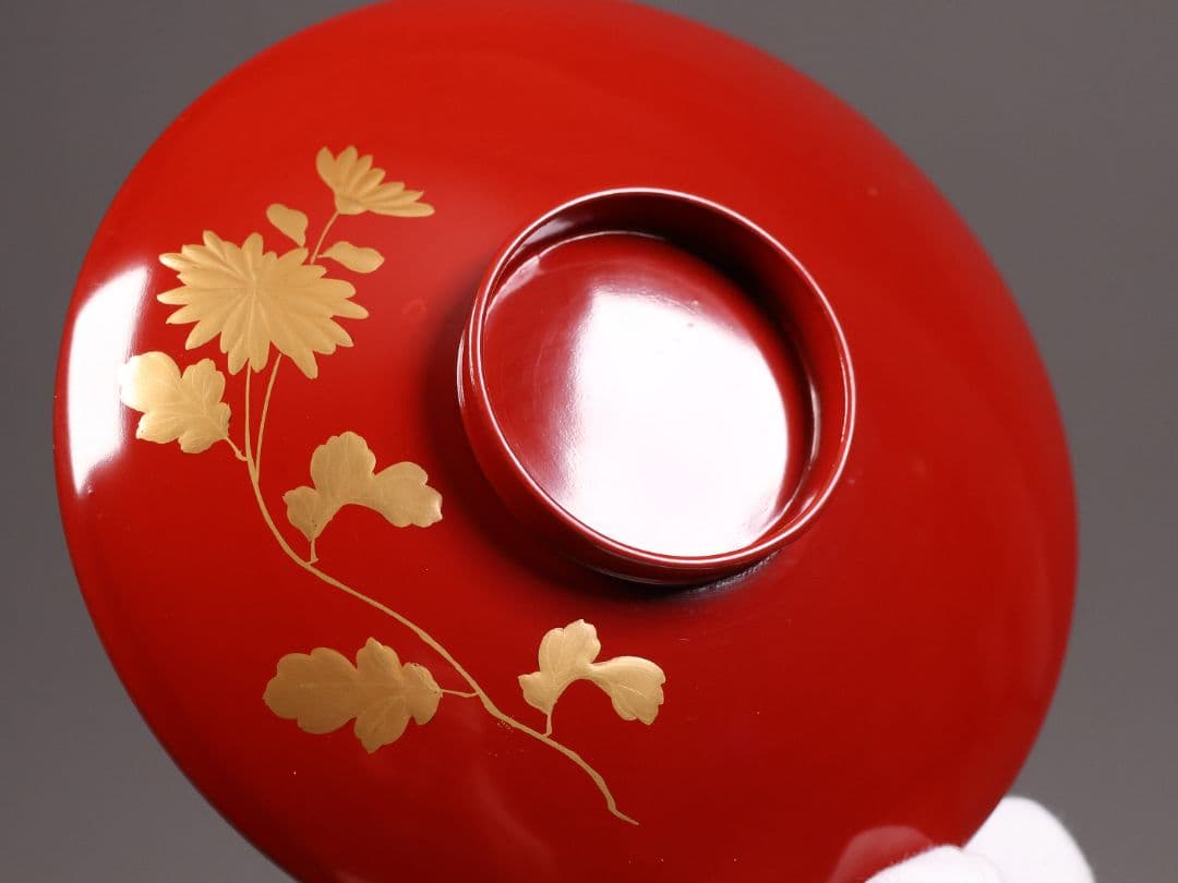 【CM244】時代木製漆器 桐鳳凰・菊 金蒔絵 朱塗 引盃 五客 木製漆器 小皿