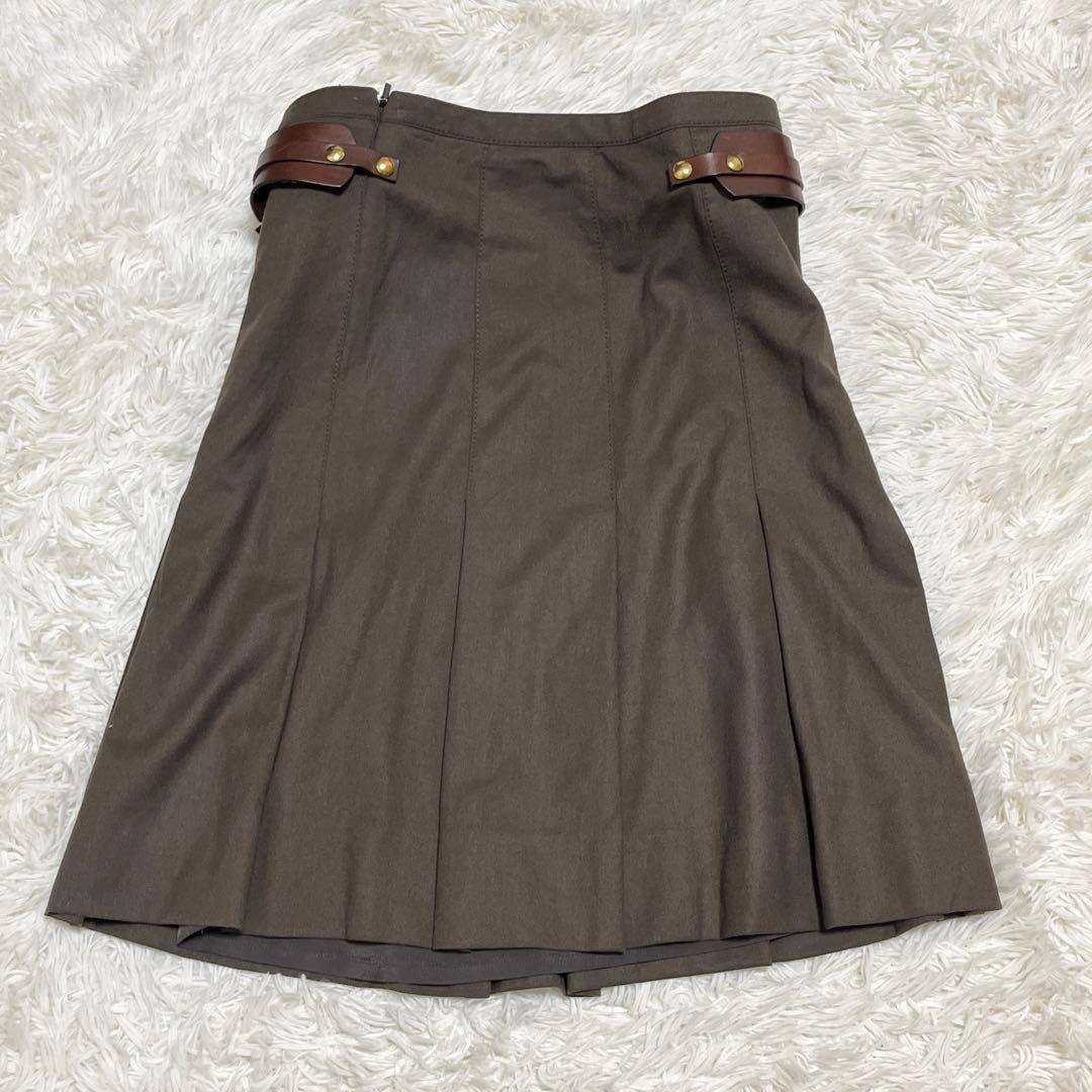 美品✨ GUCCI プリーツスカート ビット レザー 金ボタン ウール カーキ