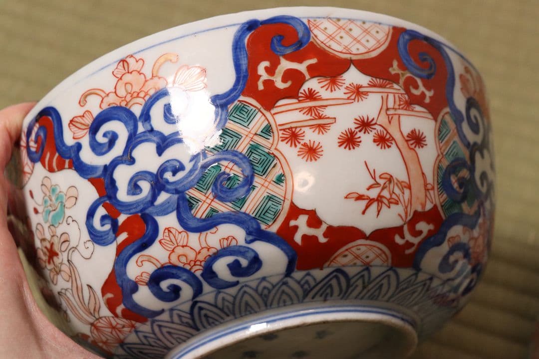 古伊万里 冨貴長春 色絵鉢 二客 福良雀 草花 唐草 錦手 中鉢【MA479】