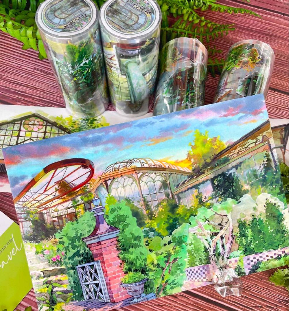 【9077】海外　マスキングテープ　5m巻　PETガラス屋根　アーチ窓　植物