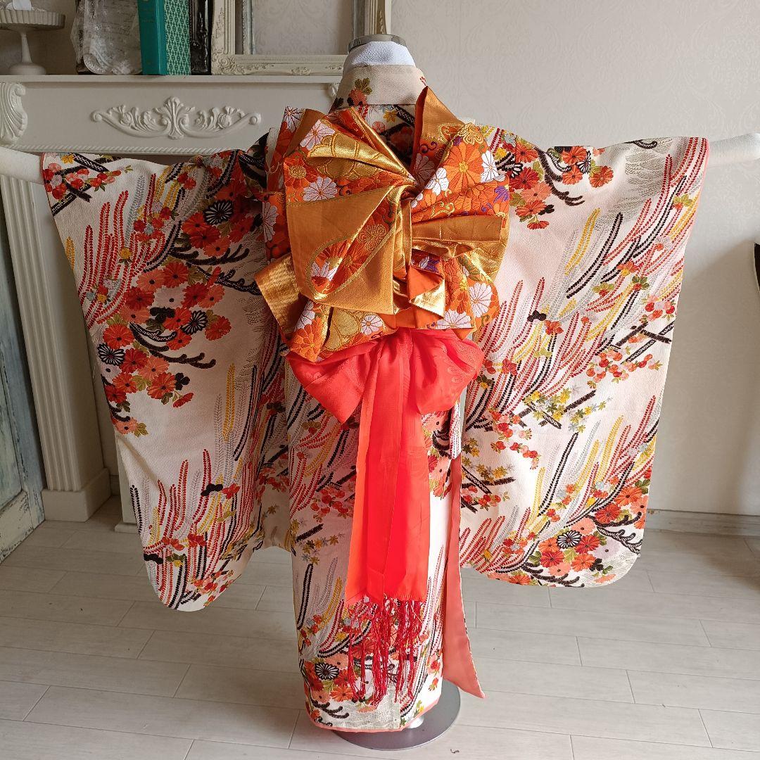 クリーム色に垂れ花が可愛い着物と作り帯セット