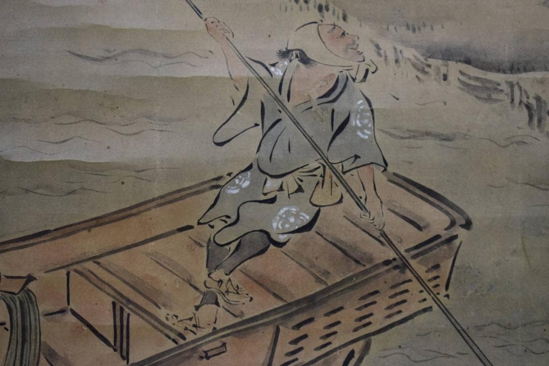 真作/英一蝶/舟人物図/船頭図/大幅/布袋屋掛軸HH-972