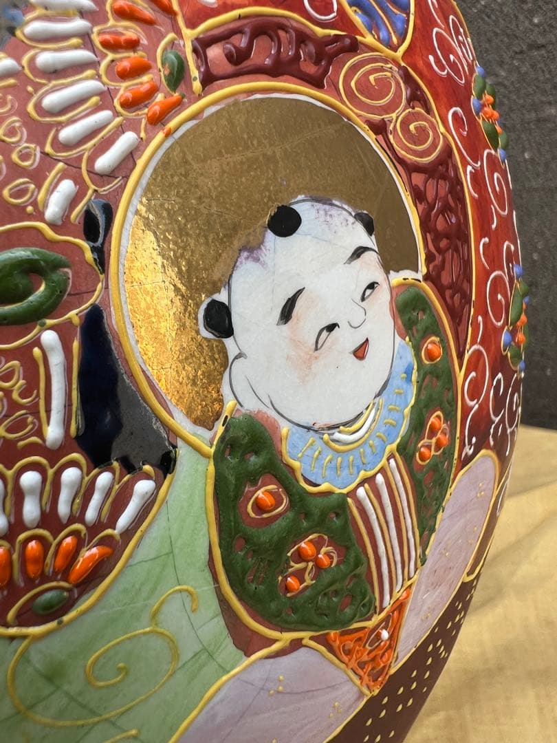 時代　珍品　薩摩焼　福神図飾壺　時代物　薩摩　壺　花器　花瓶　床置き