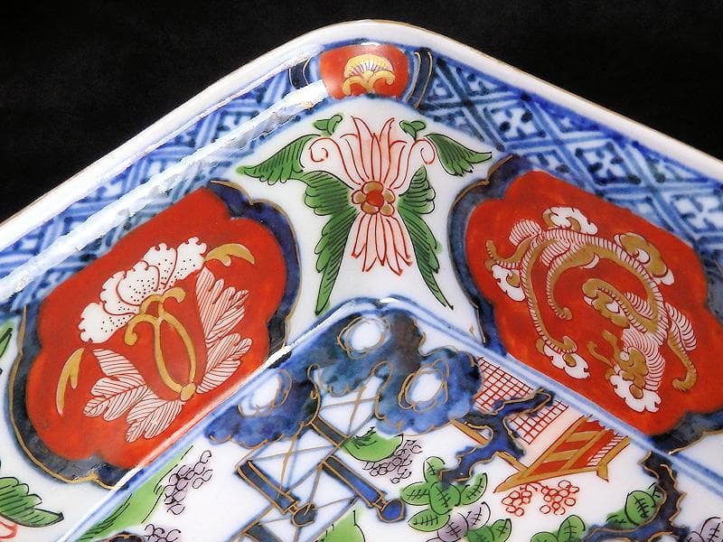 古伊万里　金襴手　欄干に芭蕉葉の図　四方角向付　A105AS-BQi