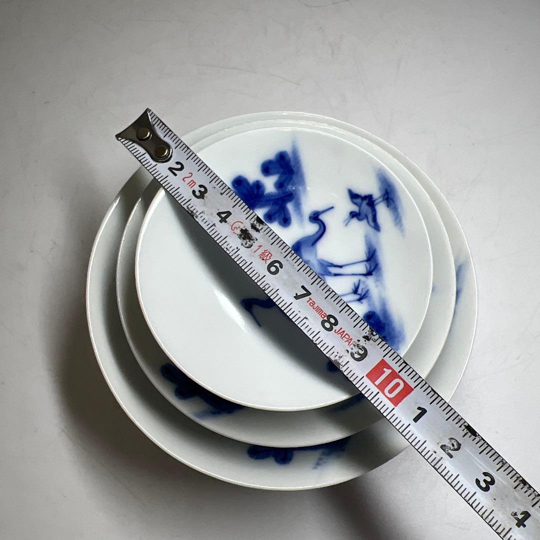 時代　深川製　染付三ツ盃　木箱付　直径11.6/9.6/7.9㎝