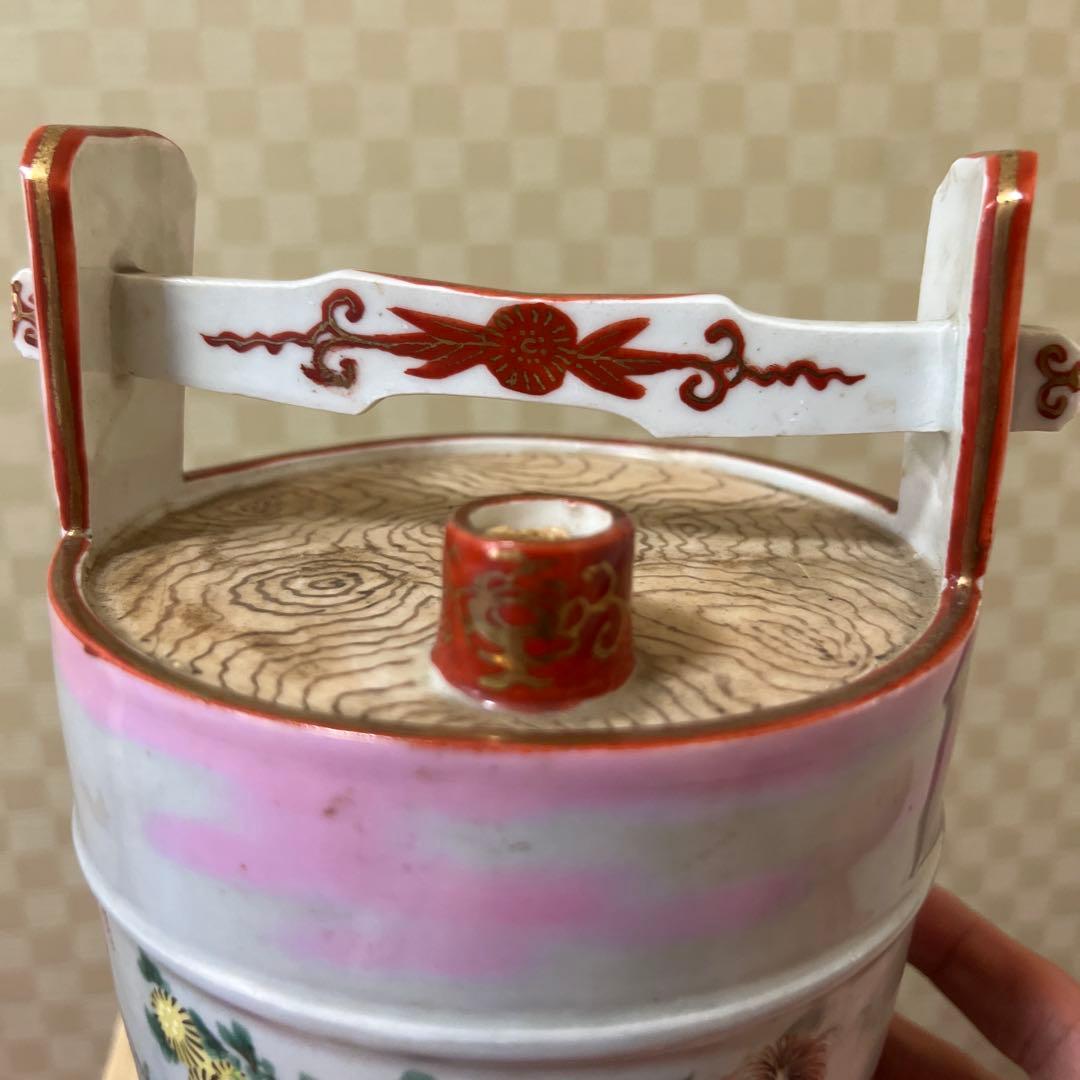 明治期超絶品九谷焼最高絵付　魚野菜尽くし手桶形水指　本物保証　逸品！