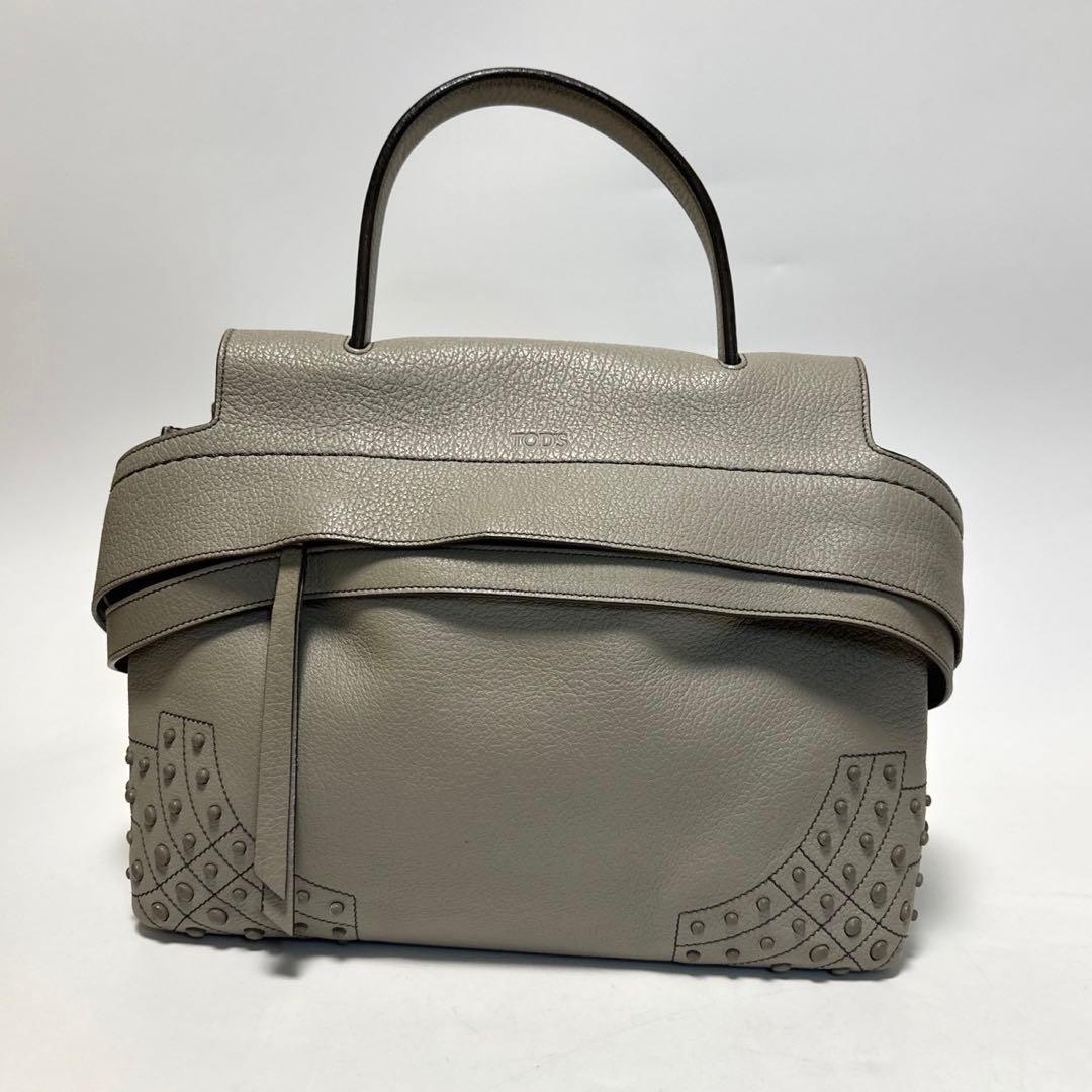 u75【美品】保存袋付　トッズ　ウェーブ　スタッズ　レザー　2wayショルダー.