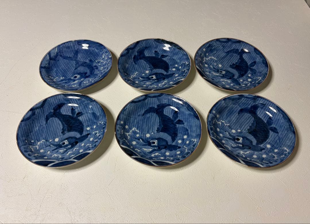 中国古玩　新渡 染付　皿　在銘　唐物 時代物 6枚セット　鯱鉾