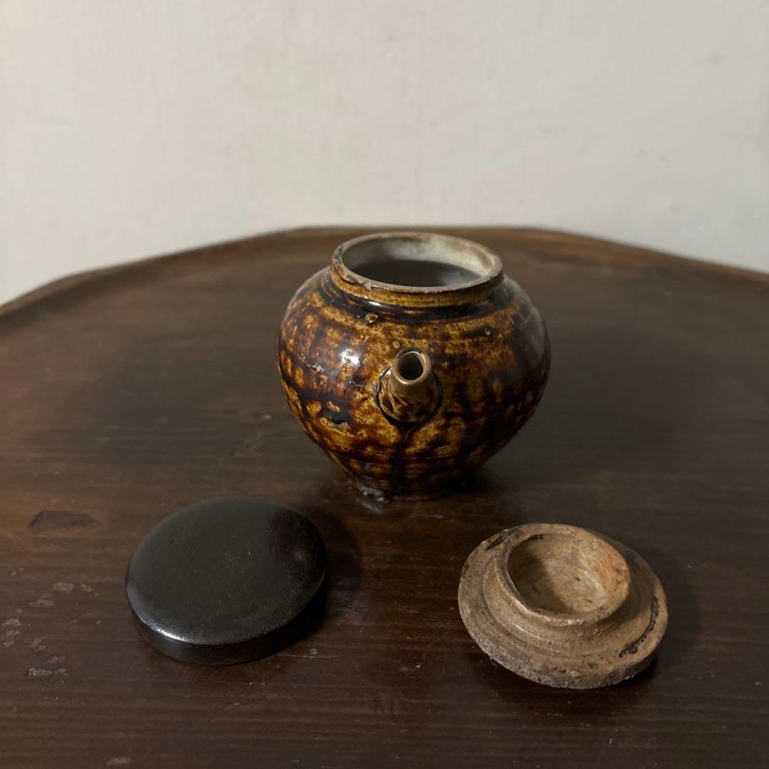 李朝飴釉薬蓋つき注ぎ口　酒器　煎茶　花入　アンティーク　古美術　骨董　　古美術