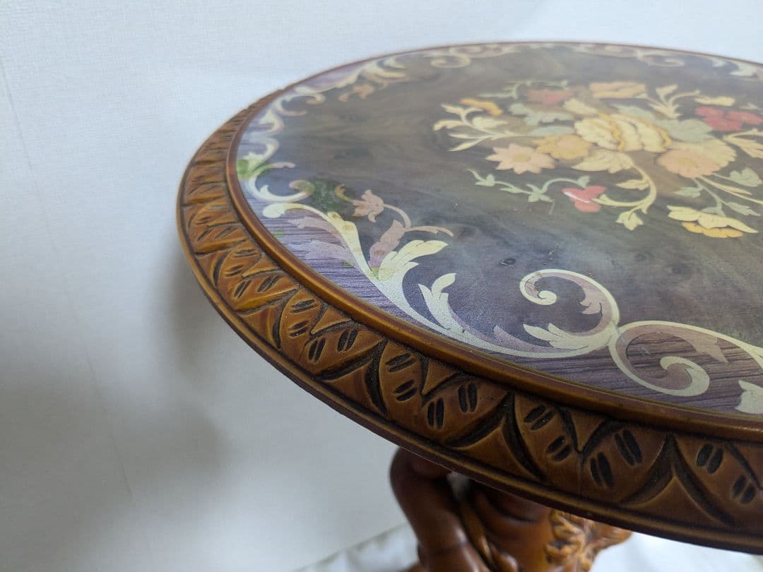 サイドテーブル 丸テーブル 木製 彫刻 天使